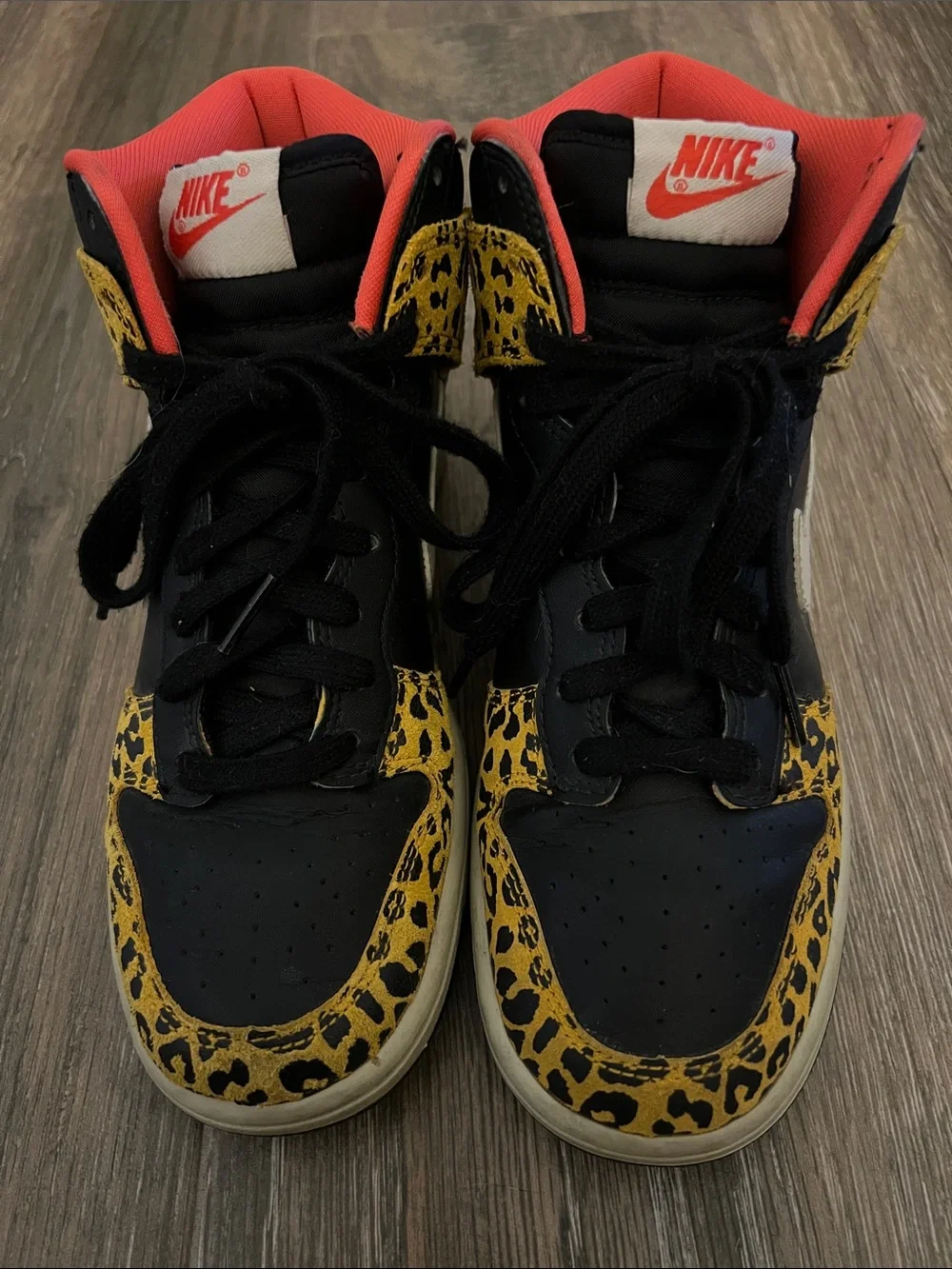 Nike Black & Yellow Leopard High-Top Sneakers with Coral Lining
